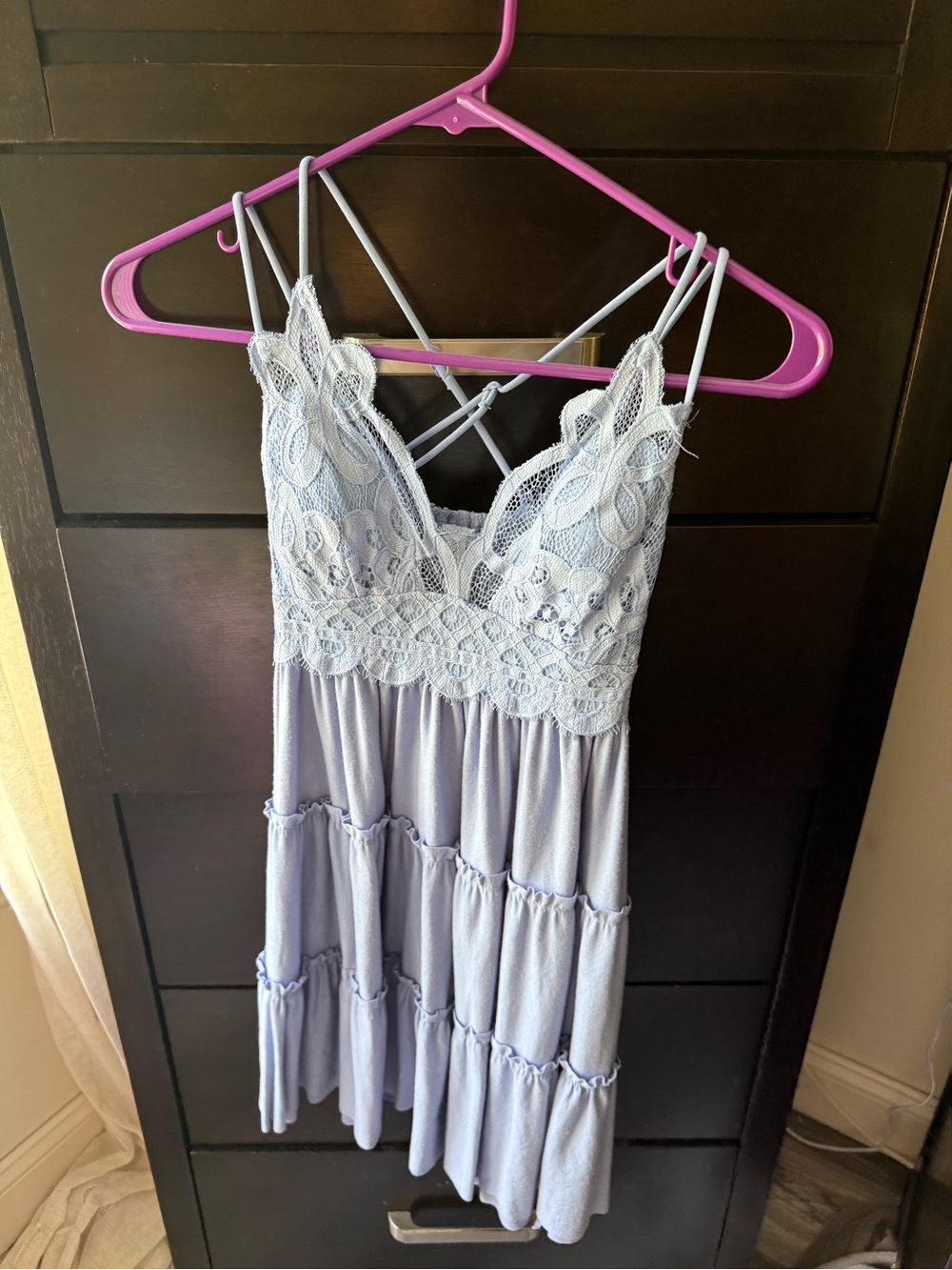 Lace-Detail Lavender Mini Dress with Crisscross Straps